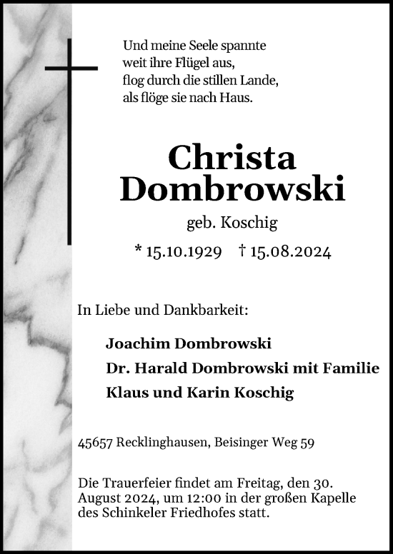 Traueranzeige von Christa Dombrowski von Neue Osnabrücker Zeitung GmbH & Co. KG