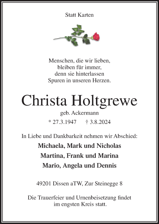 Traueranzeige von Christa Holtgrewe von Neue Osnabrücker Zeitung GmbH & Co. KG