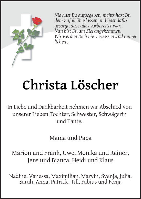 Traueranzeige von Christa Löscher von DK Medien GmbH & Co. KG