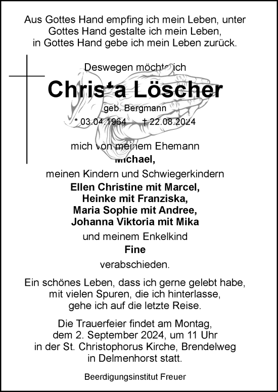 Traueranzeige von Christa Löscher von DK Medien GmbH & Co. KG