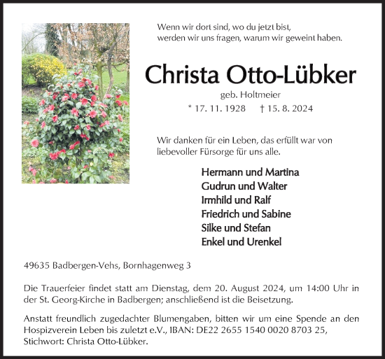 Traueranzeige von Christa Otto-Lübker von Neue Osnabrücker Zeitung GmbH & Co. KG