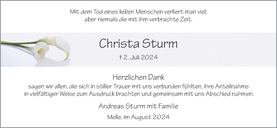 Traueranzeige von Christa Sturm von Neue Osnabrücker Zeitung GmbH & Co. KG