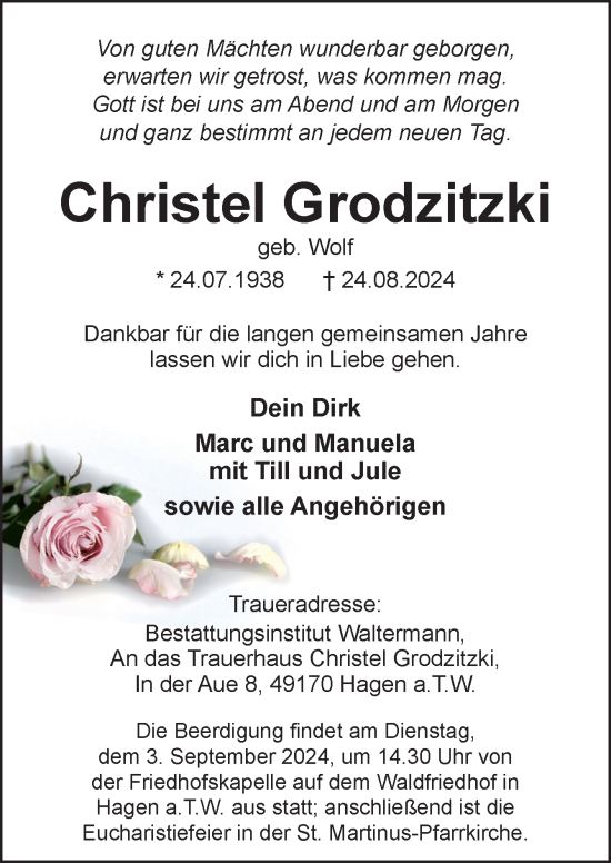 Traueranzeige von Christel Grodzitzki von Neue Osnabrücker Zeitung GmbH & Co. KG