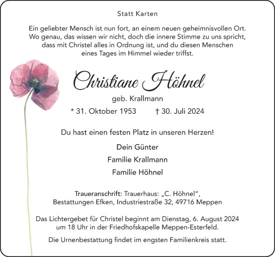 Traueranzeige von Christiane Höhnel von Neue Osnabrücker Zeitung GmbH & Co. KG