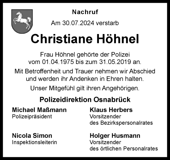 Traueranzeige von Christiane Höhnel von Neue Osnabrücker Zeitung GmbH & Co. KG