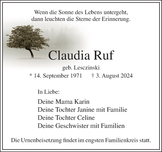 Traueranzeige von Claudia Ruf von Neue Osnabrücker Zeitung GmbH & Co. KG