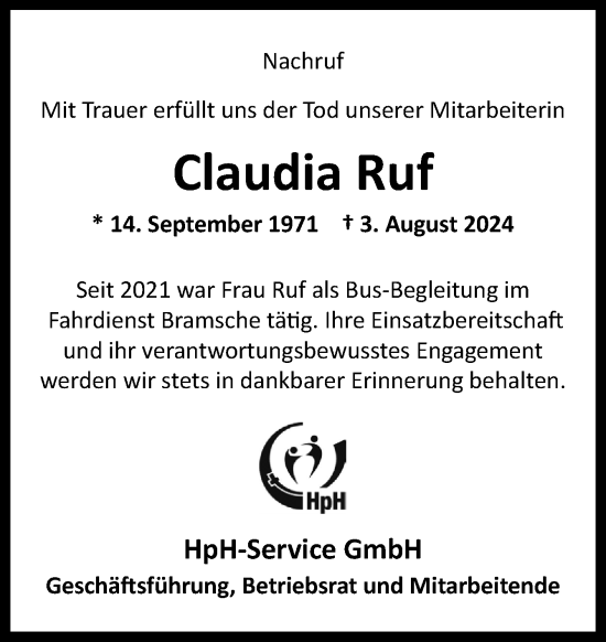 Traueranzeige von Claudia Ruf von Neue Osnabrücker Zeitung GmbH & Co. KG