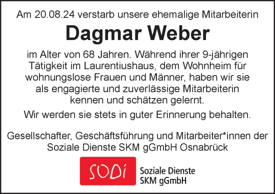 Traueranzeige von Dagmar Weber von Neue Osnabrücker Zeitung GmbH & Co. KG