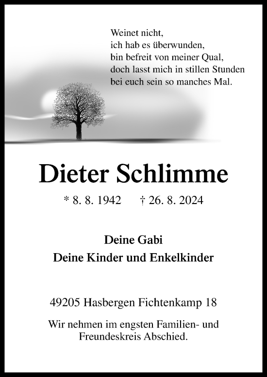 Traueranzeige von Dieter Schlimme von Neue Osnabrücker Zeitung GmbH & Co. KG