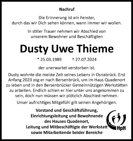 Traueranzeige von Dusty Uwe Thieme von Neue Osnabrücker Zeitung GmbH & Co. KG