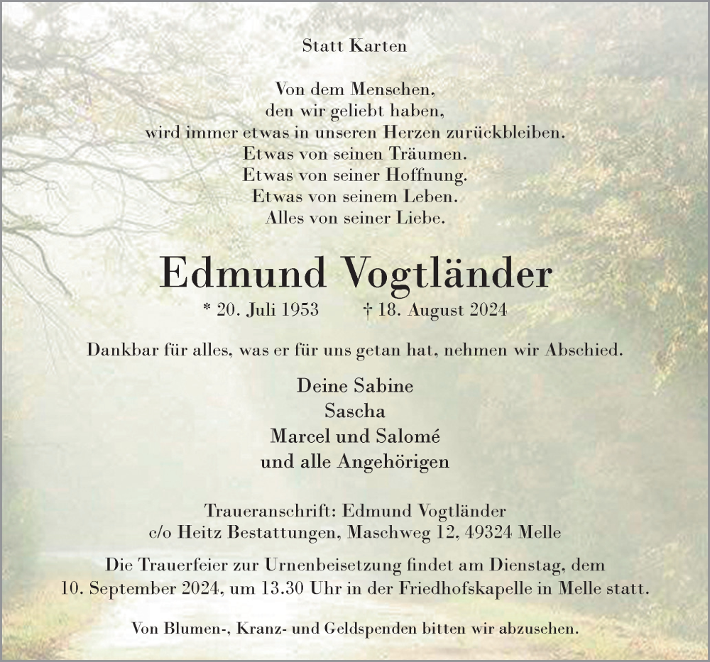  Traueranzeige für Edmund Vogtländer vom 24.08.2024 aus Neue Osnabrücker Zeitung GmbH & Co. KG