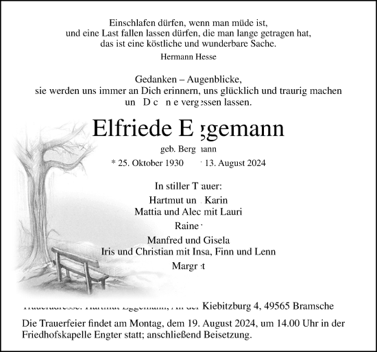 Traueranzeige von Elfriede Eggemann von Neue Osnabrücker Zeitung GmbH & Co. KG