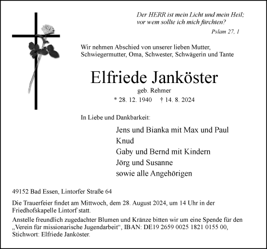 Traueranzeige von Elfriede Janköster von Neue Osnabrücker Zeitung GmbH & Co. KG