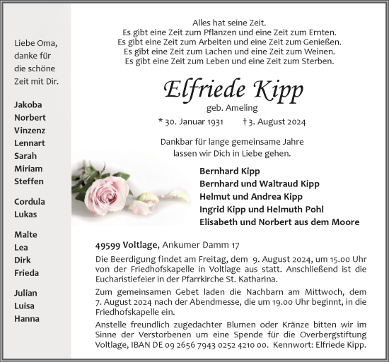 Traueranzeige von Elfriede Kipp von Neue Osnabrücker Zeitung GmbH & Co. KG