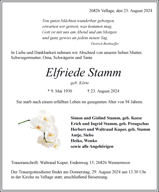 Traueranzeige von Elfriede Stamm von Neue Osnabrücker Zeitung GmbH & Co. KG