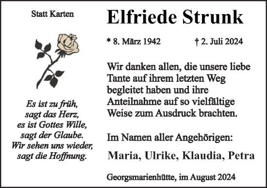 Traueranzeige von Elfriede Strunk von Neue Osnabrücker Zeitung GmbH & Co. KG