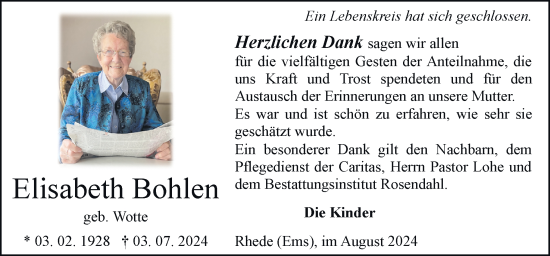 Traueranzeige von Elisabeth Bohlen von Neue Osnabrücker Zeitung GmbH & Co. KG