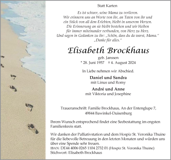 Traueranzeige von Elisabeth Brockhaus von Neue Osnabrücker Zeitung GmbH & Co. KG