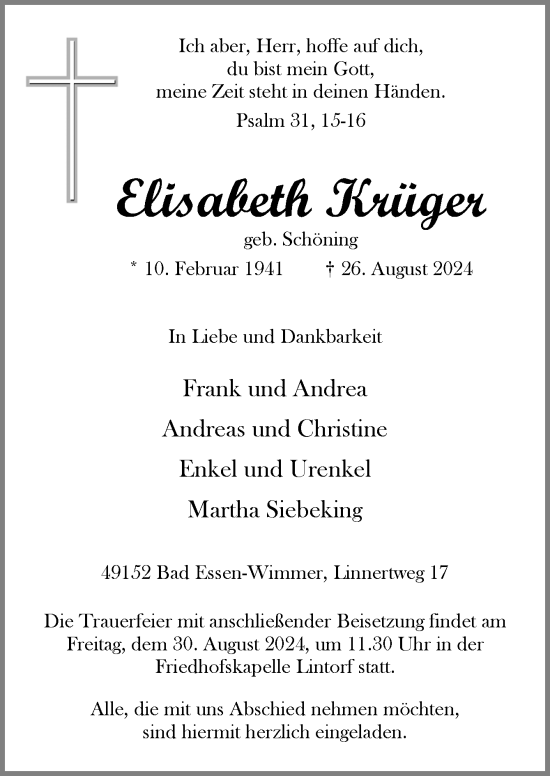 Traueranzeige von Elisabeth Krüger von Neue Osnabrücker Zeitung GmbH & Co. KG