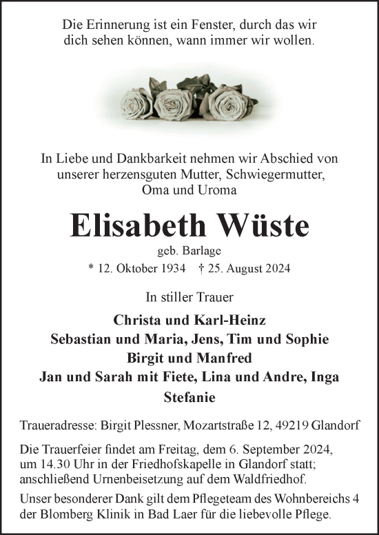 Traueranzeige von Elisabeth Wüste von Neue Osnabrücker Zeitung GmbH & Co. KG