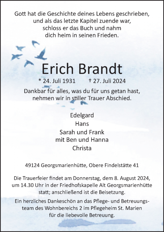 Traueranzeige von Erich Brandt von Neue Osnabrücker Zeitung GmbH & Co. KG