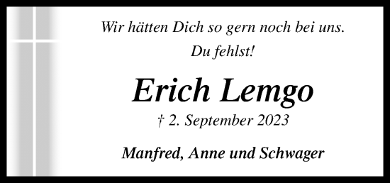 Traueranzeige von Erich Lemgo von Neue Osnabrücker Zeitung GmbH & Co. KG