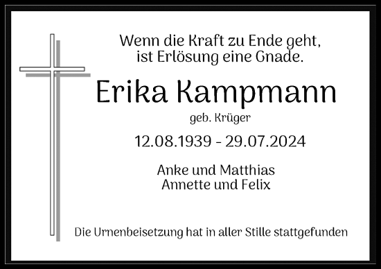 Traueranzeige von Erika Kampmann von Neue Osnabrücker Zeitung GmbH & Co. KG