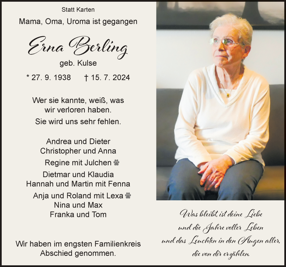  Traueranzeige für Erna Berling vom 03.08.2024 aus Neue Osnabrücker Zeitung GmbH & Co. KG