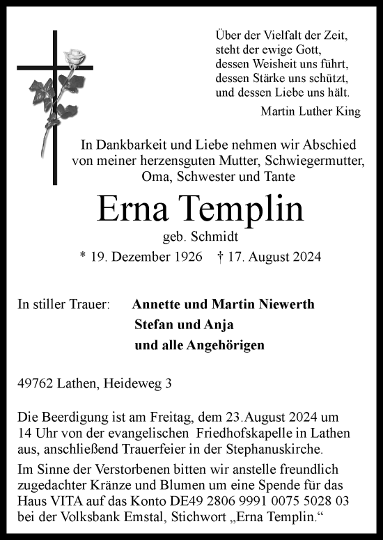 Traueranzeige von Erna Templin von Neue Osnabrücker Zeitung GmbH & Co. KG