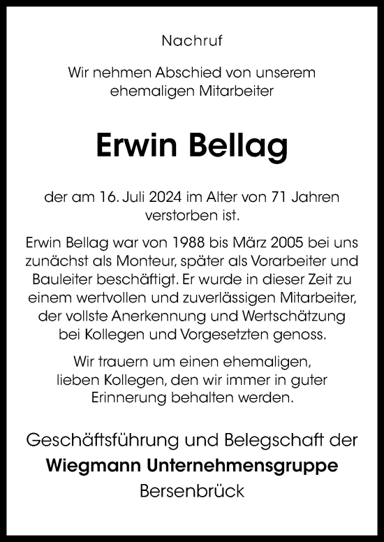 Traueranzeige von Erwin Bellag von Neue Osnabrücker Zeitung GmbH & Co. KG