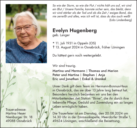 Traueranzeige von Evelyn Hugenberg von Neue Osnabrücker Zeitung GmbH & Co. KG