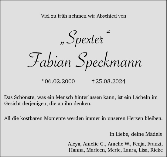 Traueranzeige von Fabian Speckmann von Neue Osnabrücker Zeitung GmbH & Co. KG