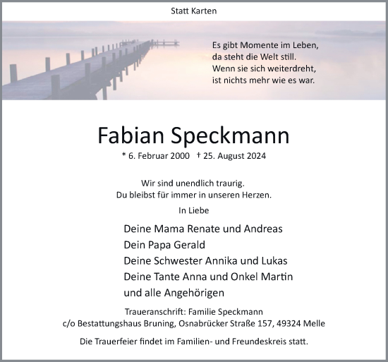 Traueranzeige von Fabian Speckmann von Neue Osnabrücker Zeitung GmbH & Co. KG