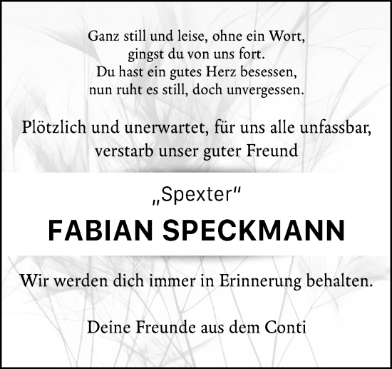 Traueranzeige von Fabian Speckmann von Neue Osnabrücker Zeitung GmbH & Co. KG