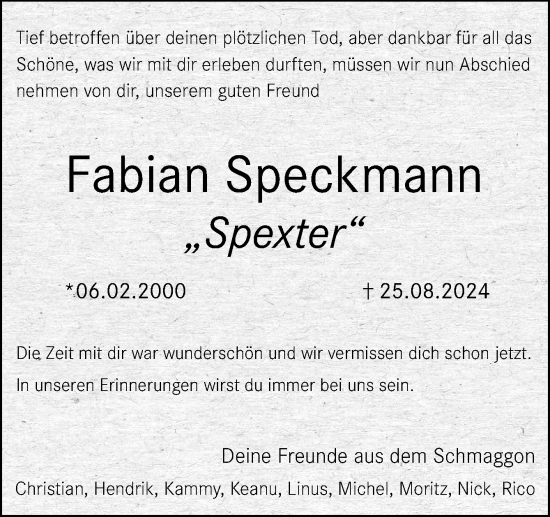 Traueranzeige von Fabian Speckmann von Neue Osnabrücker Zeitung GmbH & Co. KG