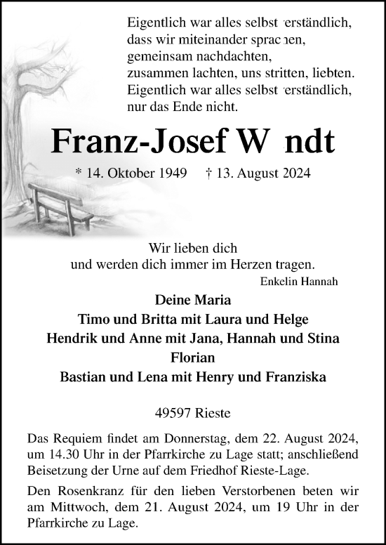 Traueranzeige von Franz-Josef Wendt von Neue Osnabrücker Zeitung GmbH & Co. KG