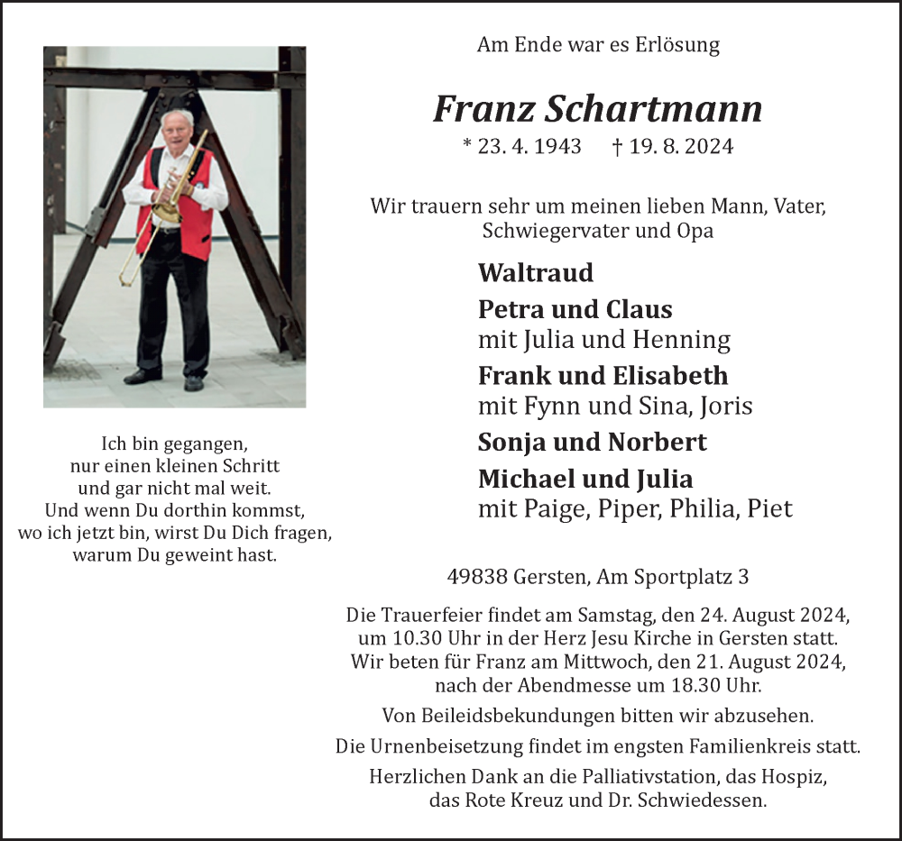  Traueranzeige für Franz Schartmann vom 21.08.2024 aus Neue Osnabrücker Zeitung GmbH & Co. KG