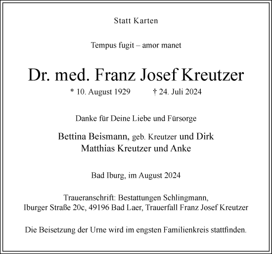 Traueranzeige von Franz Josef Kreutzer von Neue Osnabrücker Zeitung GmbH & Co. KG