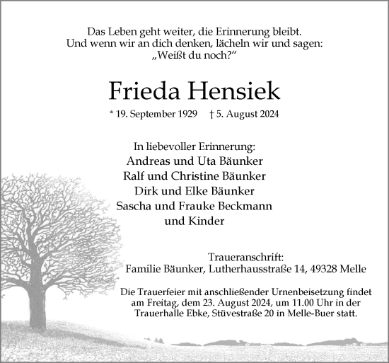 Traueranzeige von Frieda Hensiek von Neue Osnabrücker Zeitung GmbH & Co. KG