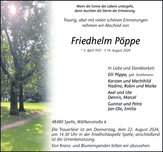 Traueranzeige von Friedhelm Pöppe von Neue Osnabrücker Zeitung GmbH & Co. KG