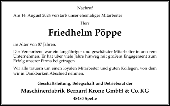 Traueranzeige von Friedhelm Pöppe von Neue Osnabrücker Zeitung GmbH & Co. KG