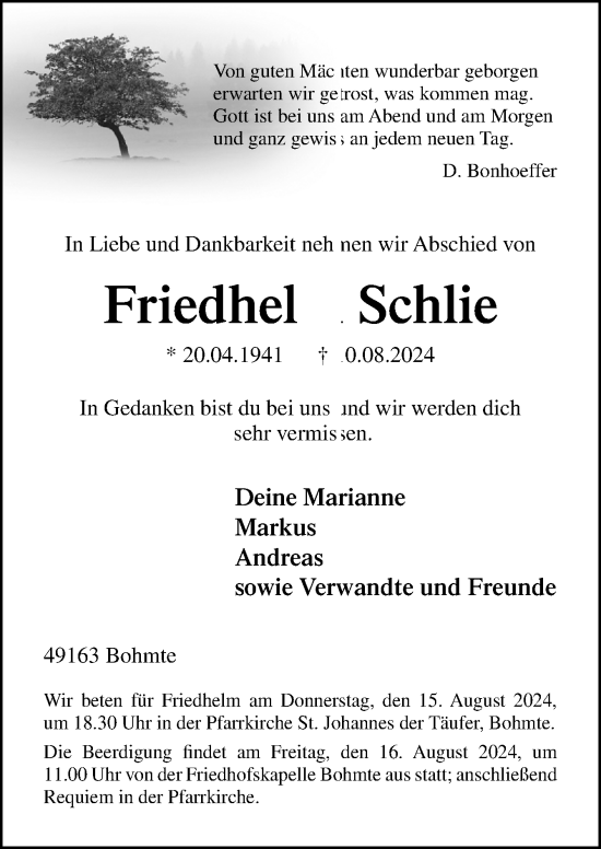 Traueranzeige von Friedhelm Schlie von Neue Osnabrücker Zeitung GmbH & Co. KG