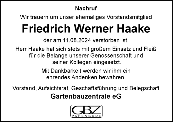 Traueranzeige von Friedrich Werner Haake von Neue Osnabrücker Zeitung GmbH & Co. KG