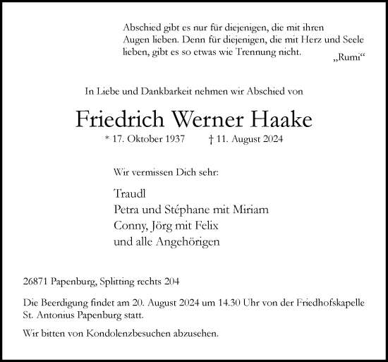 Traueranzeige von Friedrich Werner Haake von Neue Osnabrücker Zeitung GmbH & Co. KG