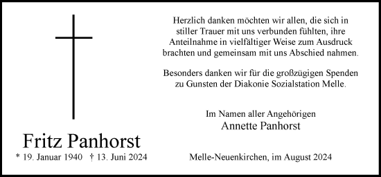 Traueranzeige von Fritz Panhorst von Neue Osnabrücker Zeitung GmbH & Co. KG