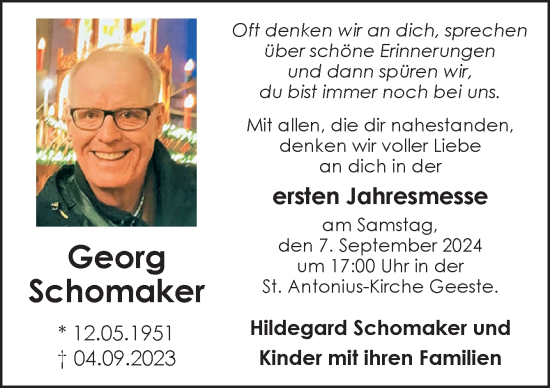 Traueranzeige von Georg Schomaker von Neue Osnabrücker Zeitung GmbH & Co. KG