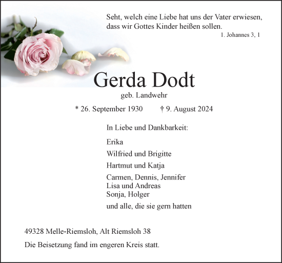 Traueranzeige von Gerda Dodt von Neue Osnabrücker Zeitung GmbH & Co. KG