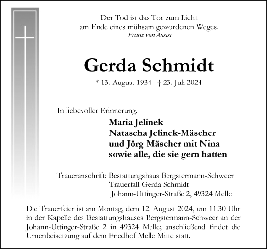 Traueranzeige von Gerda Schmidt von Neue Osnabrücker Zeitung GmbH & Co. KG