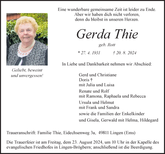 Traueranzeige von Gerda Thie von Neue Osnabrücker Zeitung GmbH & Co. KG