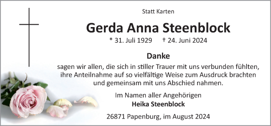 Traueranzeige von Gerda Anna Steenblock von Neue Osnabrücker Zeitung GmbH & Co. KG